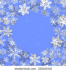 Blue vintage background with round space for text and snowflakes. Can be used as greeting card for Christmas and new year