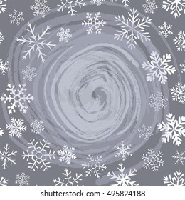 Blue vintage background with round space for text, snowflakes and swirls of snow storms