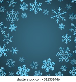 Blue vintage background with round space for text and snowflakes. Can be used as greeting card for Christmas and new year