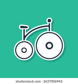 Blue Vintage bicycle with one big wheel and one small icon isolated on green background. Bike public transportation sign.  Vector