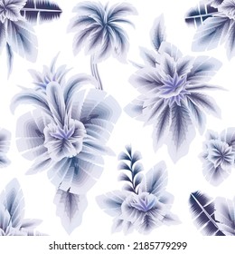 patrón inoxidable de vintage azul con hojas de plantas tropicales y follaje sobre fondo blanco. diseño vectorial. fondo de pantalla natural. Fondo floral. Tropos exóticos. Diseño de verano. temática otoñal