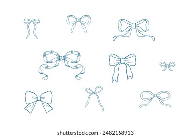 Blue vintage bows outline illustration set, Hand drawn ribbons design elements.