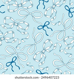 Blue vintage bows seamless pattern, Vector hand drawn ribbons background illustration.