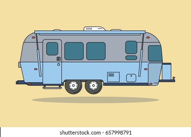 Blue Vintage Camping Car. Caravan For Rest. Vector Illustration.