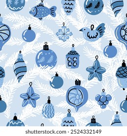 Blue Vintage Christmas baubles. Retro ornament seamless pattern. Christmas glass ornament with white fir branches.