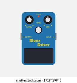 Blue vintage clean drive guitar stomp box effect, graphic icon design. t-shirt artwork.