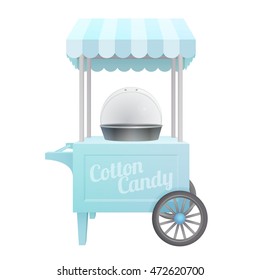 blue vintage electric commercial cotton candy machine cart with tent. floss maker isolated on white background. vector illustration