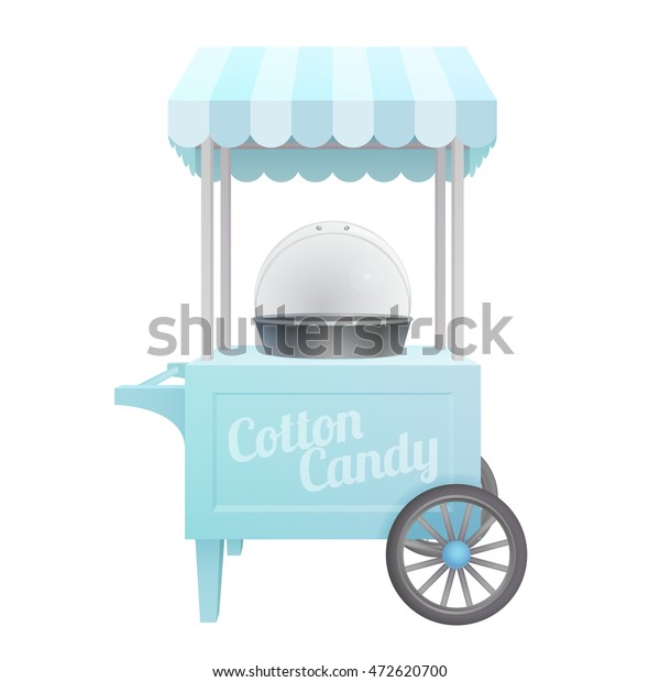 blue vintage electric commercial cotton\
candy machine cart with tent. floss maker isolated on white\
background. vector\
illustration