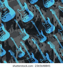 Blue vintage electric guitar over grey  water color background effect seamless pattern