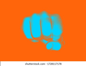 Blue vintage engraved drawing hand fist punching gesture toward camera vector illustration isolated on orange background retro art style