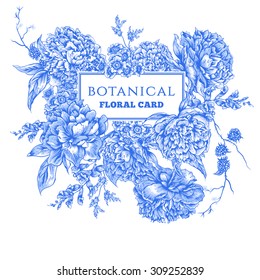 Blue Vintage Floral Greeting Card with Blooming Peonies, Vector Illustration