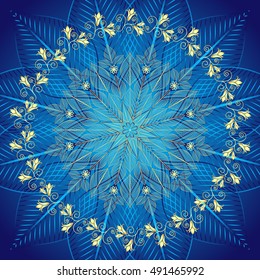 Blue vintage frame with golden flowers, vector