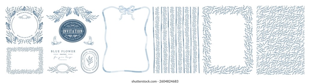 Blue vintage garden, flowers, plant and ornament. Wedding classic elegant  invitation. Vector illustration of engraving, ribbon, bow, vignette, frame, border, pattern, stamp for certificate  