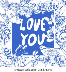 Blue vintage garden spring greeting card. Blooming branches of cherry, apple trees, peach birds and butterflies, Love you vector botanical illustration. Floral design elements
