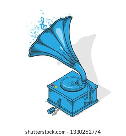 Blue Vintage Gramophone Isolated on white.Vector Outline Illustration