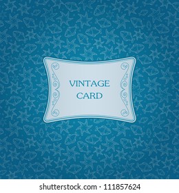 Blue Vintage Greeting Card Template with Fish Silhouette Background. Vector Design