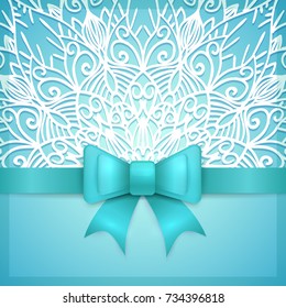 Blue vintage greeting card template with bow ribbon and laces. Vector wedding invitation design. Anniversary template design for any celebration. Marriage, birthday, christmas, baby shower flyer.