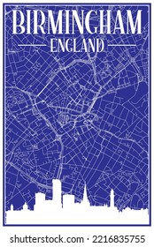 Blue vintage hand-drawn printout streets network map of the downtown BIRMINGHAM, ENGLAND with brown 3D city skyline and lettering