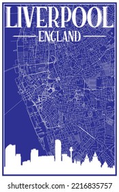 Blue vintage hand-drawn printout streets network map of the downtown LIVERPOOL, ENGLAND with brown 3D city skyline and lettering