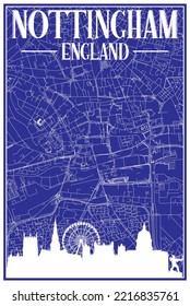 Blue vintage hand-drawn printout streets network map of the downtown NOTTINGHAM, ENGLAND with brown 3D city skyline and lettering