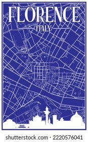 Blue vintage hand-drawn printout streets network map of the downtown FLORENCE, ITALY with brown highlighted city skyline and lettering