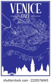 Blue vintage hand-drawn printout streets network map of the downtown VENICE, ITALY with brown highlighted city skyline and lettering