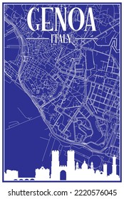 Blue vintage hand-drawn printout streets network map of the downtown GENOA, ITALY with brown highlighted city skyline and lettering