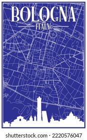 Blue vintage hand-drawn printout streets network map of the downtown BOLOGNA, ITALY with brown highlighted city skyline and lettering