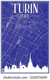 Blue vintage hand-drawn printout streets network map of the downtown TURIN, ITALY with brown highlighted city skyline and lettering