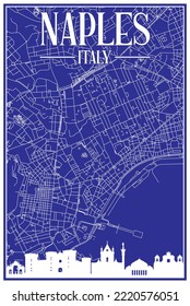 Blue vintage hand-drawn printout streets network map of the downtown NAPLES, ITALY with brown highlighted city skyline and lettering