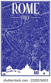 Blue vintage hand-drawn printout streets network map of the downtown ROME, ITALY with brown highlighted city skyline and lettering