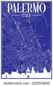 Blue vintage hand-drawn printout streets network map of the downtown PALERMO, ITALY with brown highlighted city skyline and lettering