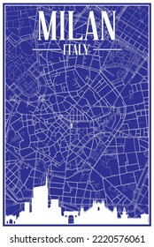 Blue vintage hand-drawn printout streets network map of the downtown MILAN, ITALY with brown highlighted city skyline and lettering