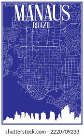 Blue vintage hand-drawn printout streets network map of the downtown MANAUS, BRAZIL with highlighted city skyline and lettering