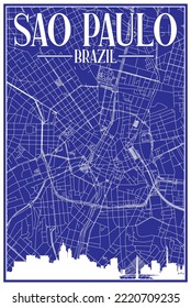 Blue vintage hand-drawn printout streets network map of the downtown SAO PAULO, BRAZIL with highlighted city skyline and lettering