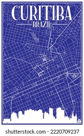 Blue vintage hand-drawn printout streets network map of the downtown CURITIBA, BRAZIL with highlighted city skyline and lettering