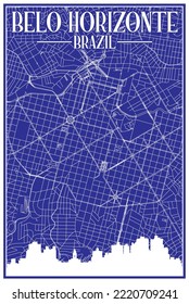 Blue vintage hand-drawn printout streets network map of the downtown BELO HORIZONTE, BRAZIL with highlighted city skyline and lettering