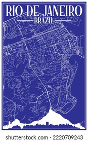 Blue vintage hand-drawn printout streets network map of the downtown RIO DE JANEIRO, BRAZIL with highlighted city skyline and lettering