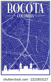 Blue vintage hand-drawn printout streets network map of the downtown BOGOTA, COLOMBIA with highlighted city skyline and lettering