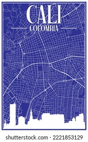 Blue vintage hand-drawn printout streets network map of the downtown CALI, COLOMBIA with highlighted city skyline and lettering