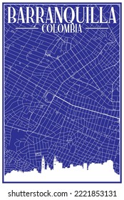 Blue vintage hand-drawn printout streets network map of the downtown BARRANQUILLA, COLOMBIA with highlighted city skyline and lettering