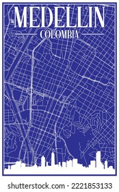 Blue vintage hand-drawn printout streets network map of the downtown MEDELLIN, COLOMBIA with highlighted city skyline and lettering