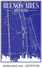 Blue vintage hand-drawn printout streets network map of the downtown BUENOS AIRES, ARGENTINA with highlighted city skyline and lettering