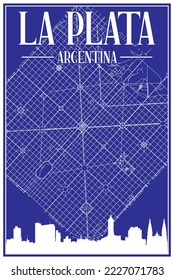 Blue vintage hand-drawn printout streets network map of the downtown LA PLATA, ARGENTINA with highlighted city skyline and lettering