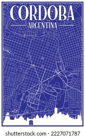 Blue vintage hand-drawn printout streets network map of the downtown CORDOBA, ARGENTINA with highlighted city skyline and lettering