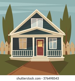 Blue vintage house with shadow. Vector illustration