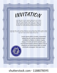 Blue Vintage invitation. Complex background. Artistry design. Detailed. 