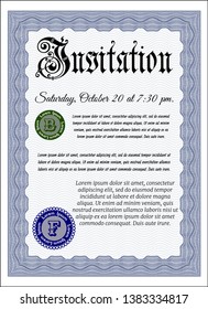 Blue Vintage invitation. Cordial design. With great quality guilloche pattern. Vector illustration. 