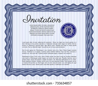 Blue Vintage invitation. Cordial design. With complex linear background. Detailed. 