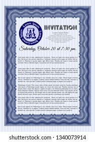 Blue Vintage invitation. Customizable, Easy to edit and change colors. With complex linear background. Perfect design. 